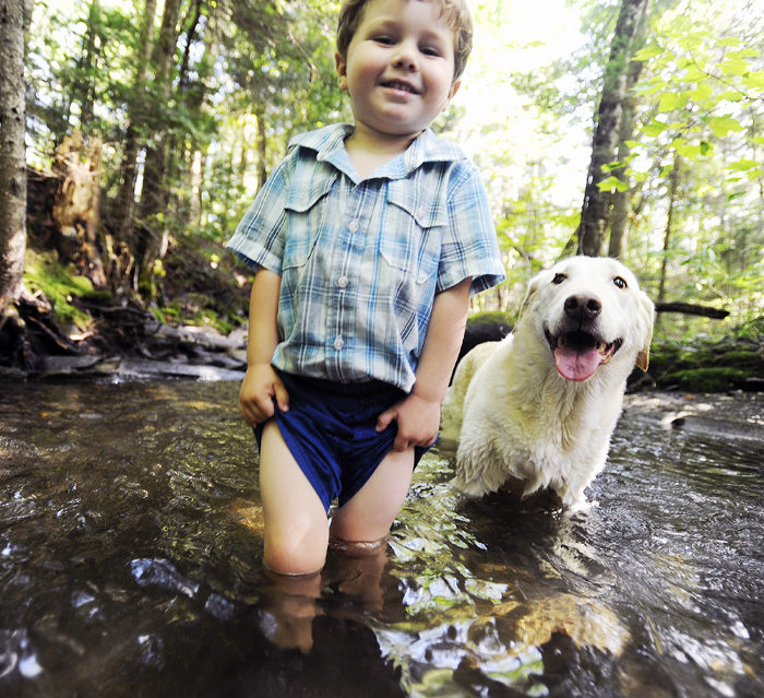 Kid and dog in brook in Greensboro, Vermont.