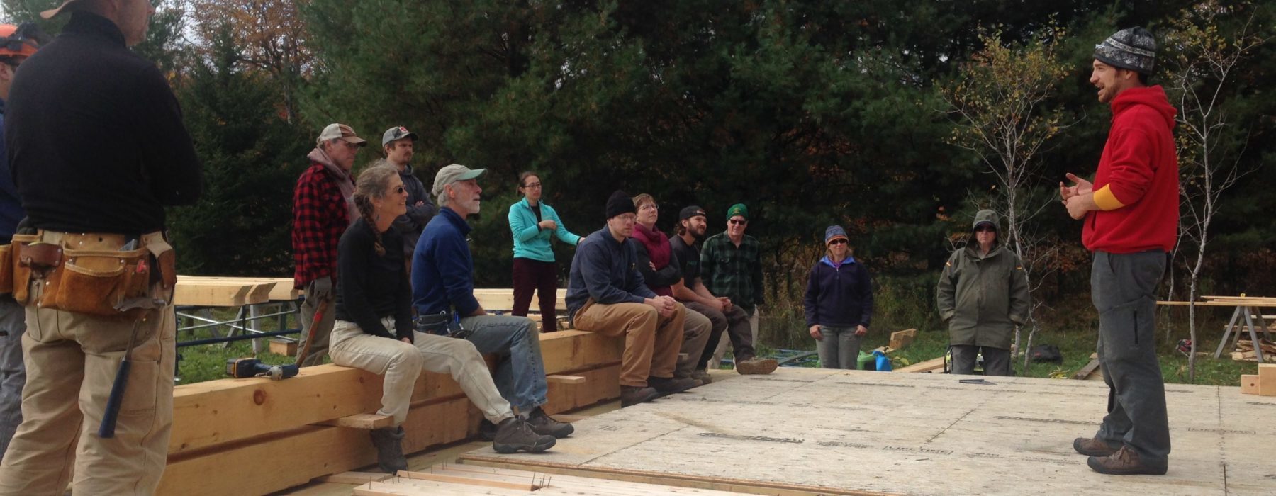 Volunteers helping to build Nulhegan Hut in Bloomfield, Vermont.