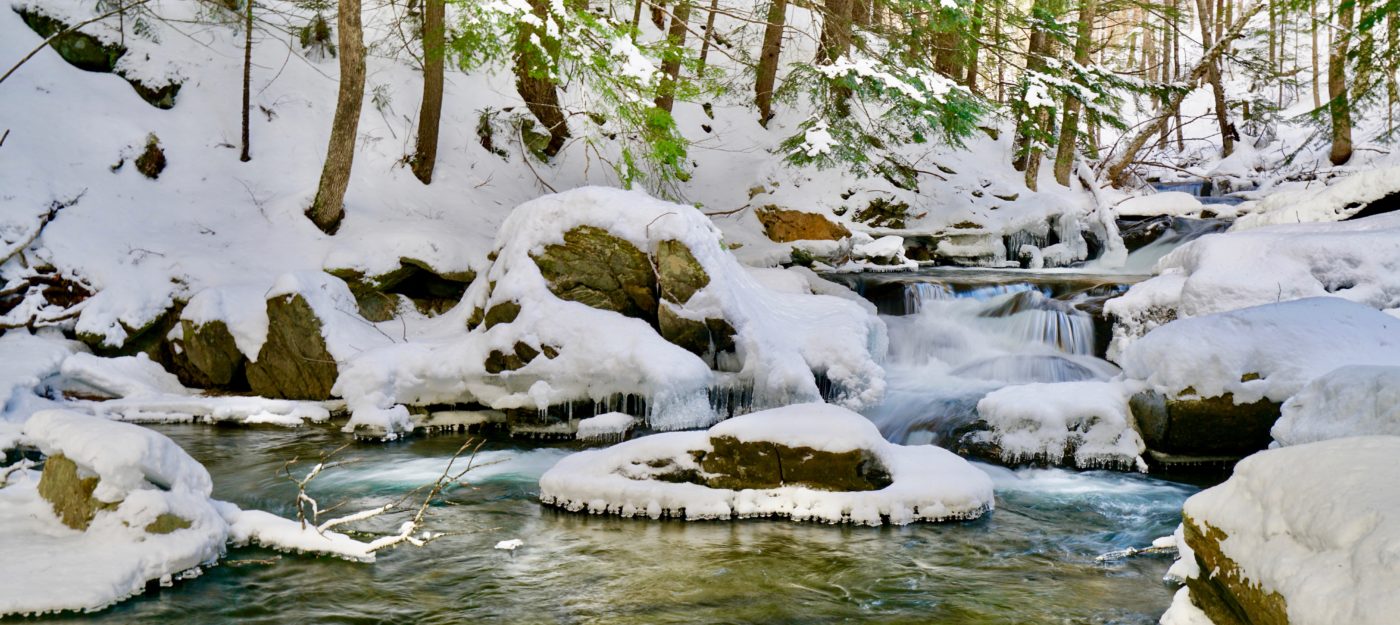 Winter snow and ice at Bramhall Wilderness Preserve in Bridgewater, Vermont.