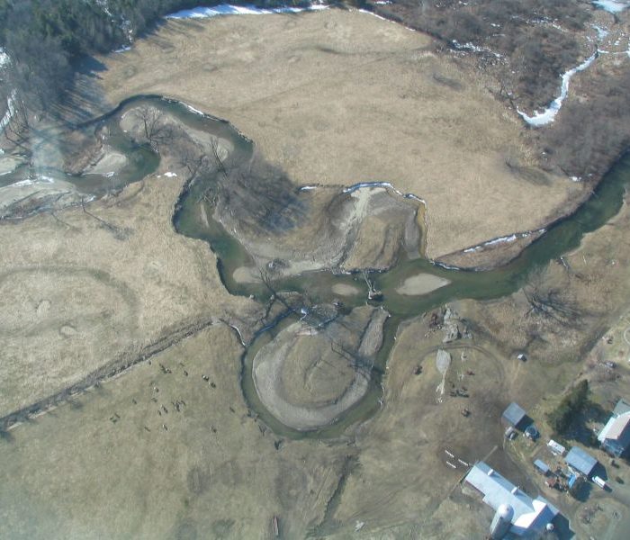 Aerial photo shows meandering river bends crossing the Davis Farm in Jericho, Vermont.