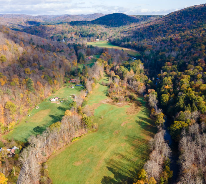 Aerial view of Green River Meadows walking trail, swimming hole, and fishing access in Guilford, VT