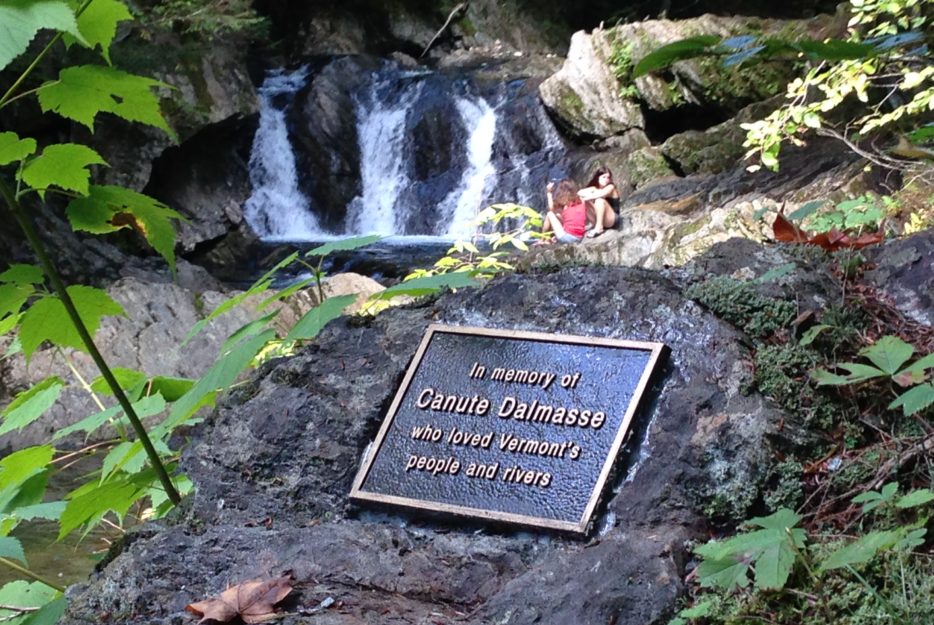 Plaque thanking Canute Dalmasse at Journey's End swimming hole in Johnson, Vermont.
