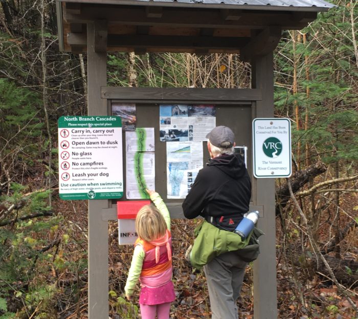 Trailhead map at North Branch Cascades Trail in Worcester and Elmore, Vermont.