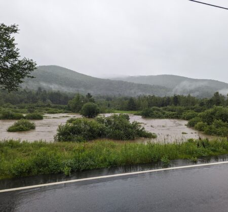 Conserved lands along the North Branch of the Winooski River on July 11, 2023. These wetlands helped slow the raging waters, allowing the river to slow and spread across the land, helping mitigate flooding downstream in communities like Montpelier.