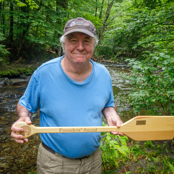 On July 24, Vermont River Conservancy awarded its first Founders’ Award to Stephan Syz.  Friends and supporters gathered at the North Branch Cascades trail with jovial greetings and shared memories – a reunion of sorts for folks who had been integral in Vermont’s River Conservancy’s history, and in the life of the morning’s guest of honor.